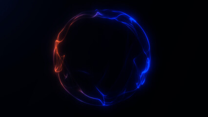 Fototapeta premium Dark abstract sphere with red and blue luminous energy lines, perfect for futuristic technology, cyber visuals, data network and digital motion design.