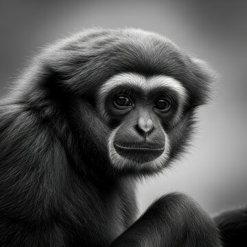 Close up portrait of a thoughtful gibbon in black and white.