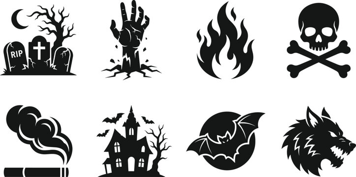 Spooky Halloween and horror silhouette vector icon collection featuring a haunted house, skull, and werewolf