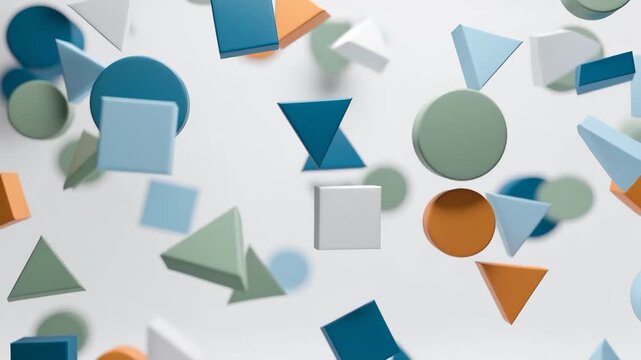 Floating colorful geometric shapes in minimalist style on soft light background, concept of creativity