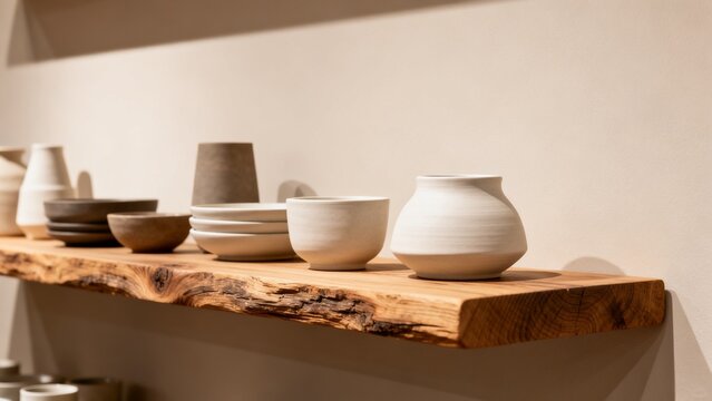 Independent retail display with ceramic pieces natural wood shelf local ret