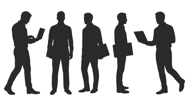 Silhouettes of five business people in suits walking with devices and folders