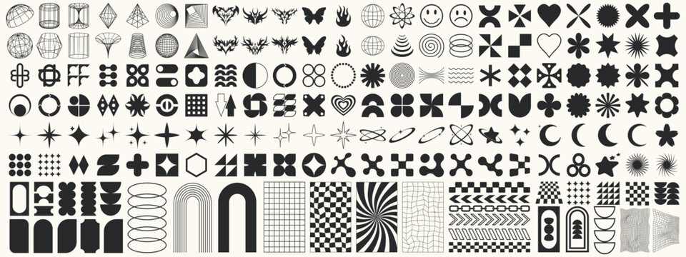 Big set of Y2K brutalist geometric shapes and wireframe icons