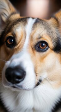 Close up portrait of a cute corgi dog looking at camera.