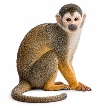Cute squirrel monkey sitting on white background. Exotic primate posing for wildlife photography and animal portraits.