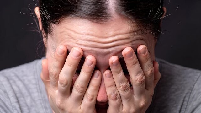 Woman rubbing eyes and face in distress. Close-up of person experiencing physical discomfort or emotional exhaustion. Static camera shot.