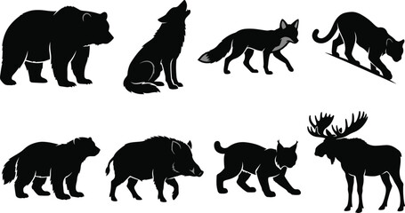 Obraz premium Wild Animal Silhouette Vector Set – Black Wildlife Icons Collection for Nature and Forest Design