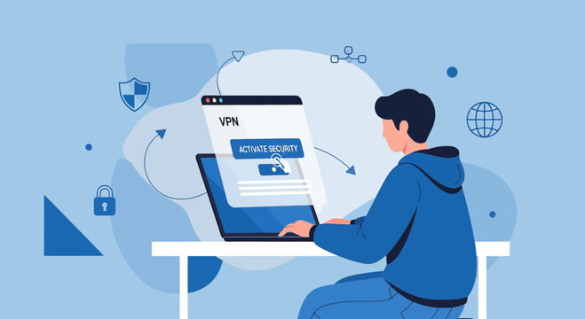 Man using laptop for VPN activation and internet security on blue background