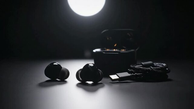 Wireless earbuds with charging case and usb-c cable, sleek modern audio gadgets on dark background, high-end tech product presentation