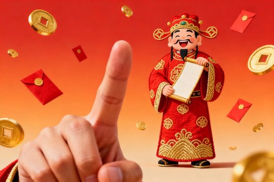 Chinese God of Wealth with Red Envelopes and Gold Coins