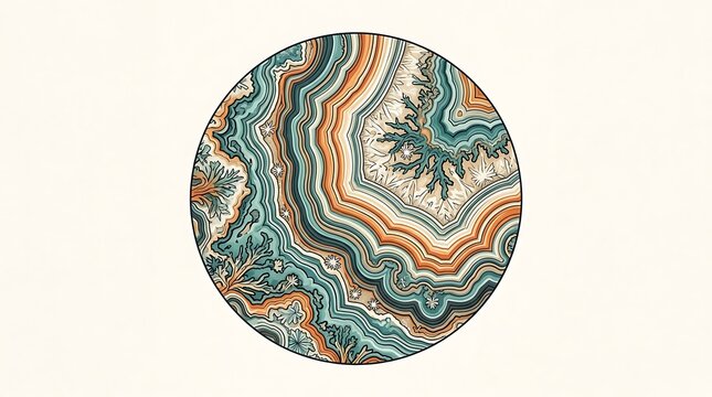 Abstract circular agate geode mineral slice with layered patterns