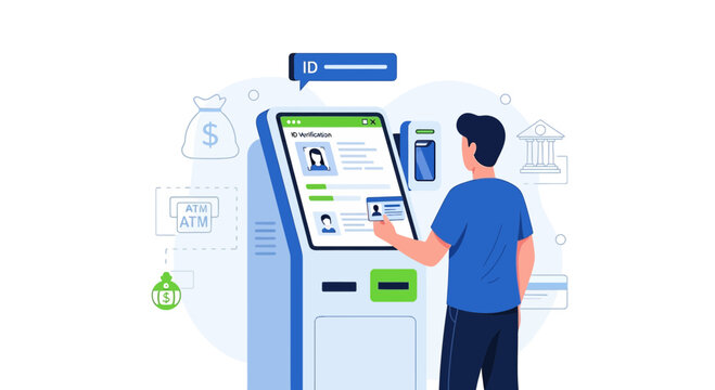 Man using an interactive kiosk for ID verification, banking, or registration
