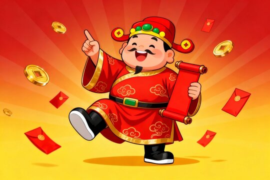 Chinese New Year God of Wealth Cartoon with Red Envelopes
