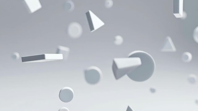 Floating geometric shapes in soft monochrome style on a light background, concept of abstraction and minimal form