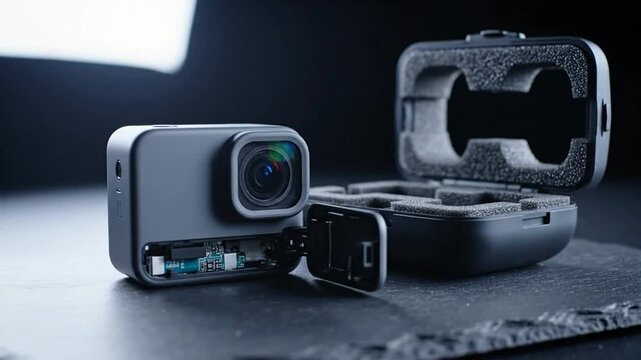 Compact action camera with open battery compartment and protective travel case for filmmaking and adventure