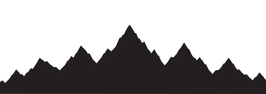 Black mountain silhouette border with rugged peaks isolated on white background for landscape design element