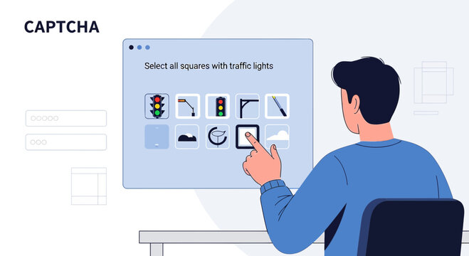 Man solving captcha, digital security, AI test, verify identity online