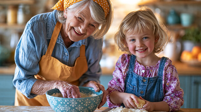 Grandmother helping her grandchild bake treats for Senior Citizen Day, intergenerational celebration , with copy space