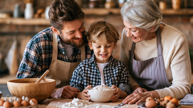Warm rustic kitchen filled with love as generations share cherished family recipes, heritage cooking tradition , with copy space