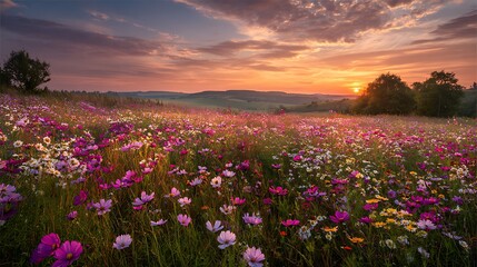 Fototapeta premium Lavender Field at Sunset with Blooming Purple Flowers Under a Dramatic Summer Sky in the Peaceful Rural Countryside Landscape