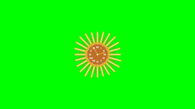 A stylized sun with a clock face in the center, set against a vibrant green background.