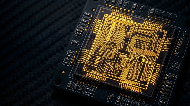 Glowing golden computer chip processor on dark textured carbon background
