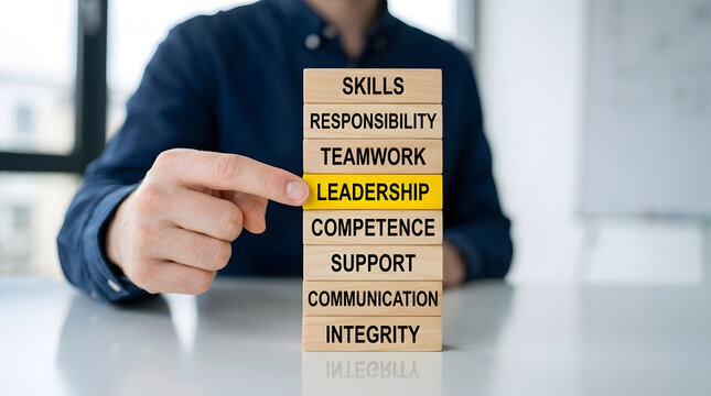 Hand pointing at leadership block on wooden stack with selecting highlighted leadership vertical stack business business terms responsibility