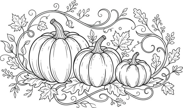 A beautiful black and white line art illustration featuring three pumpkins surrounded by decorative autumn leaves and swirling vine patterns