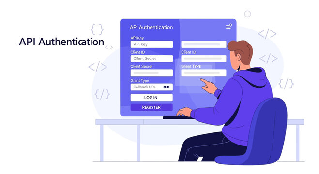 API Authentication Concept: Developer using login form on screen