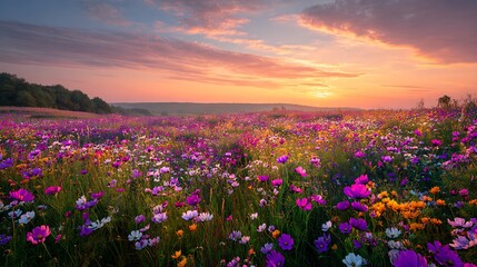 Fototapeta premium Lavender Field at Sunset with Blooming Purple Flowers Under a Dramatic Summer Sky in the Peaceful Rural Countryside Landscape
