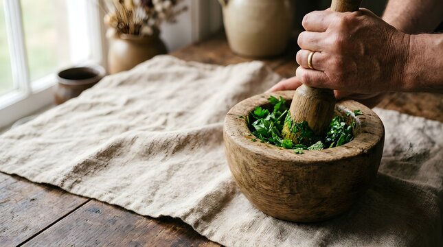 Man crushing fresh green herbs in a rustic wooden mortar and pestle