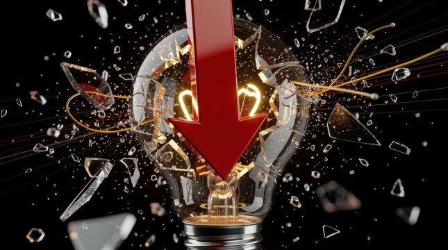 Breaking Light Bulb with Red Arrow Indicating Decrease in Energy or Power on Dark Background with Shattered Glass and Glow Effect