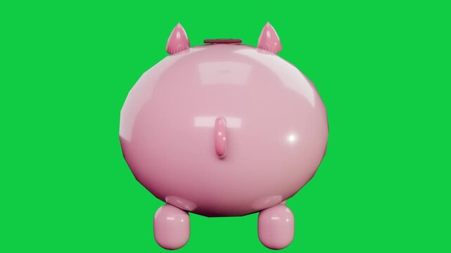 On play pink piggybank rotating, revealing slot, tail, showing design on transparent background