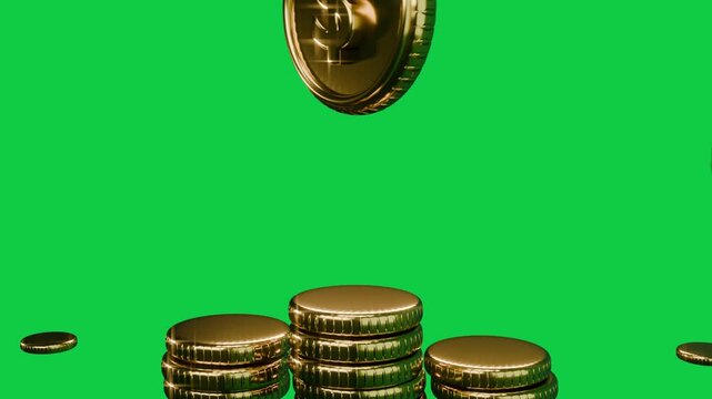 Big dollar coin dropping from above rotating flaring joining stack showing growth on transparent bg