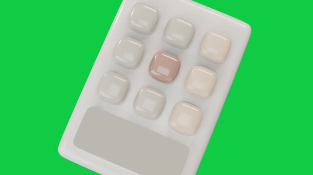 Handheld keypad rotating and tilting on play, showcasing glossy buttons on transparent background