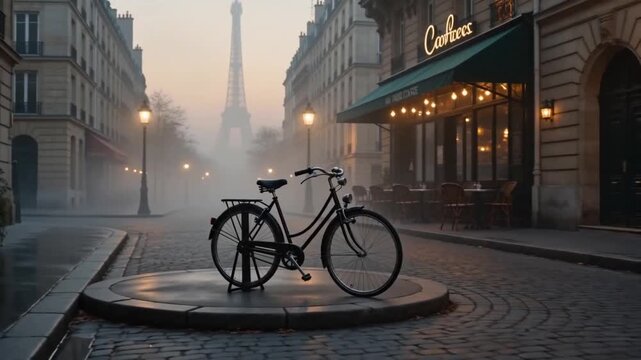 Quiet morning in Paris with a bicycle on a cobblestone street near the Eiffel Tower and a cafe in the early light of day