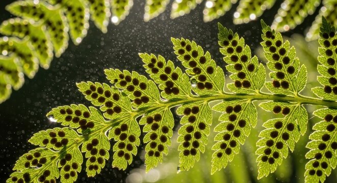 Close up of vibrant green fern leaf with intricate patterns.