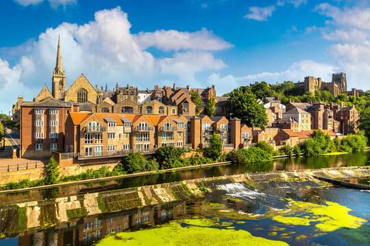 Townscape of Durham with St Nicholas Church, River Wear, castle and cathedral in England, UK