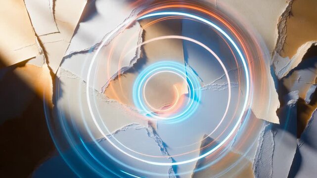 Torn paper layers with glowing light trails in abstract style on textured surface, modern concept of creativity