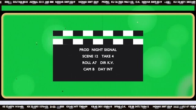 Frame 1 starting, prod slate centering, clapper moving, bokeh pulsing, showing scene on transparent