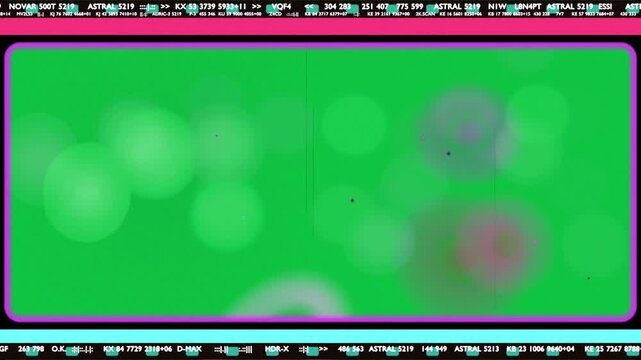 On start bokeh drifting merging pulsing inside magenta frame to accent tickers on transparent BG