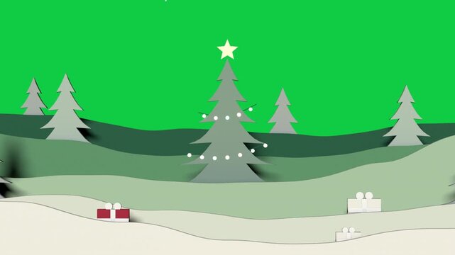 Pale bauble dropping tree decorating star lights gifts sliding snowing forming hills transparent bg