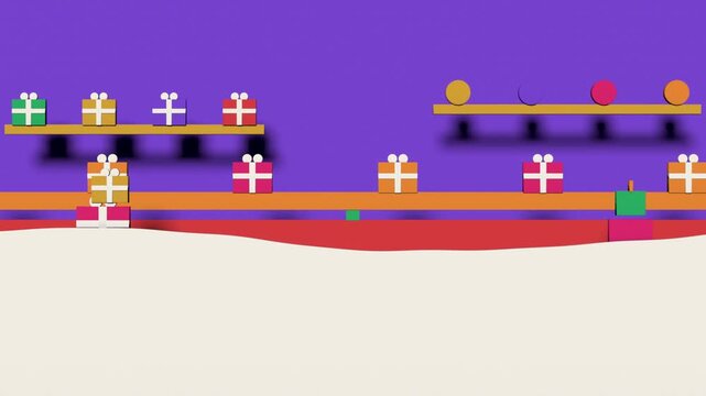 Conveyor carrying gifts after left boxes appearing, sorting gifts with snow, transparent background