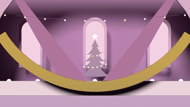 Curtain opening, slit widening crossing beams, snow falling, revealing tree with transparent bg