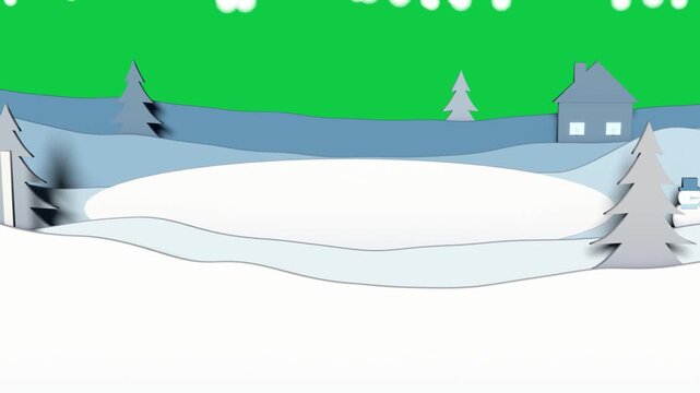 Paper winter revealing as layers opening, pond growing and circles falling, glowing, transparent bg