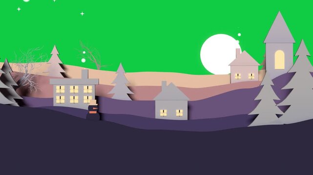 Opening paper town forming moon rising smoke rising snow falling on transparent BG creating calm
