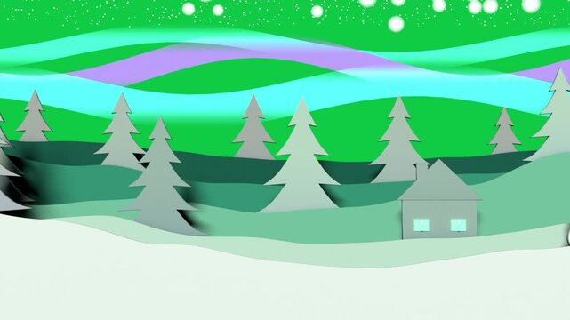 On start paper scene building left aurora arcing snow drifting to finish night scene transparent bg