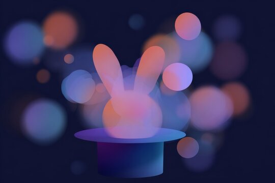 Magical hat with rabbit silhouette and colorful bokeh lights for whimsical magic show background and banner