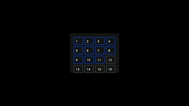 A grid of 16 numbered buttons, from 1 to 16, displayed on a dark background, suggesting a selection or interface element.