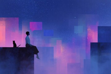 Fototapeta premium Solitary figure and cat on neon fog city rooftop with pastel geometric light blocks for futuristic skyline background and poster